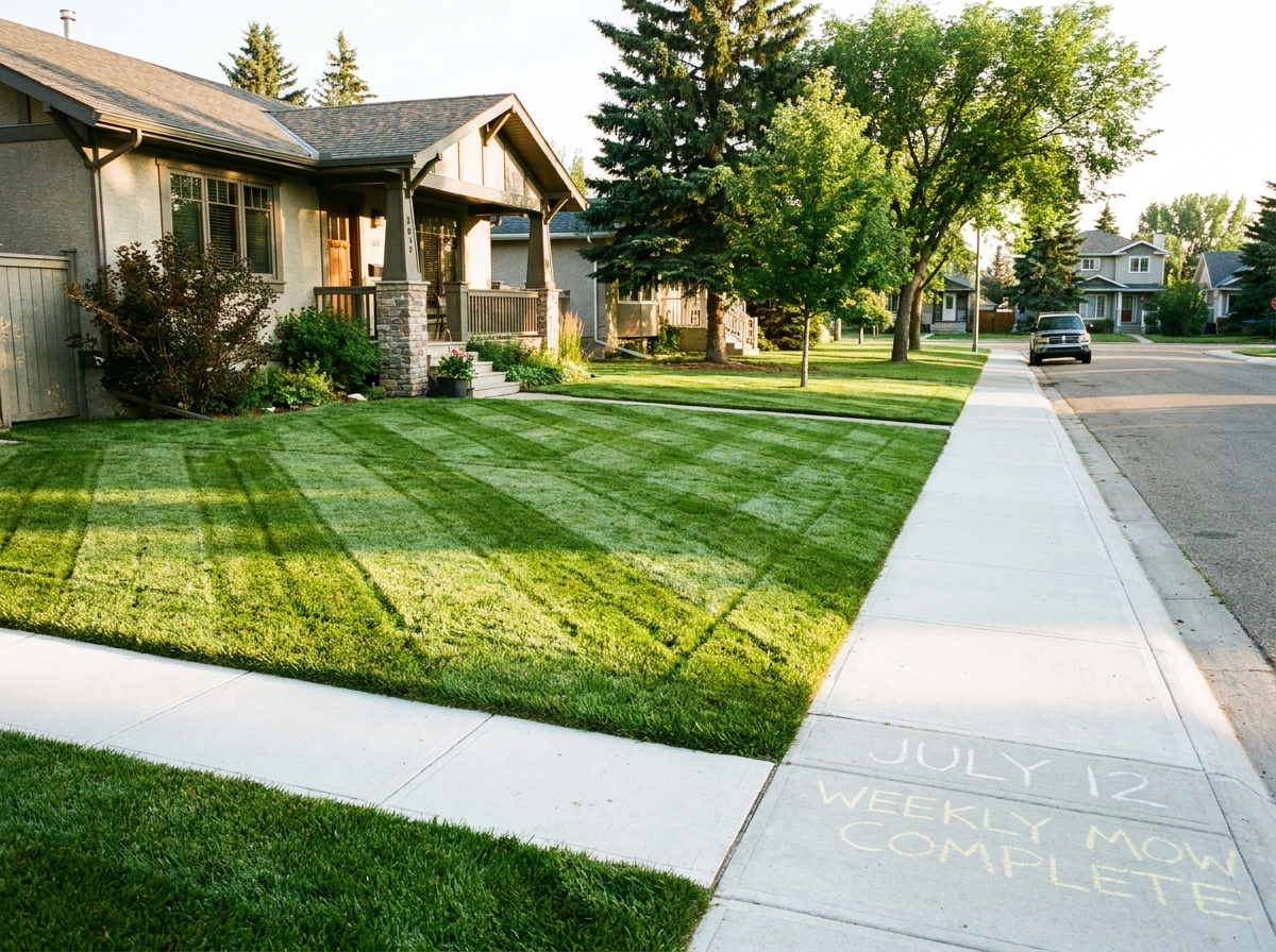 A freshly completed backyard landscape in Edmonton with new sod, planted shrubs, mulch beds, decorative rock border, and a stone paver patio, summer evening light