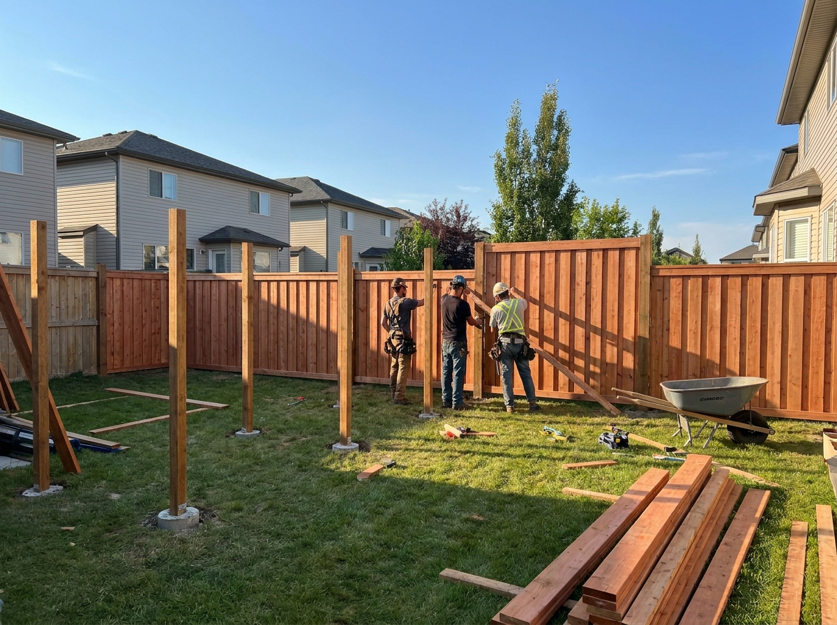 A complete front yard transformation in Edmonton with new sod, curved planting beds, river rock accents, low-voltage landscape lighting, and a young maple tree, evening dusk